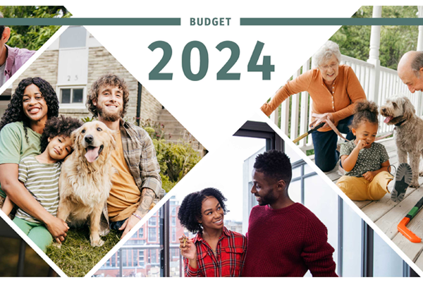 Collage image for Canada's 2024 Budget featuring a family with a dog in a park, an elderly couple with a dog and child, and a couple engaging in a conversation. The text 'BUDGET 2024' is prominently displayed at the top.